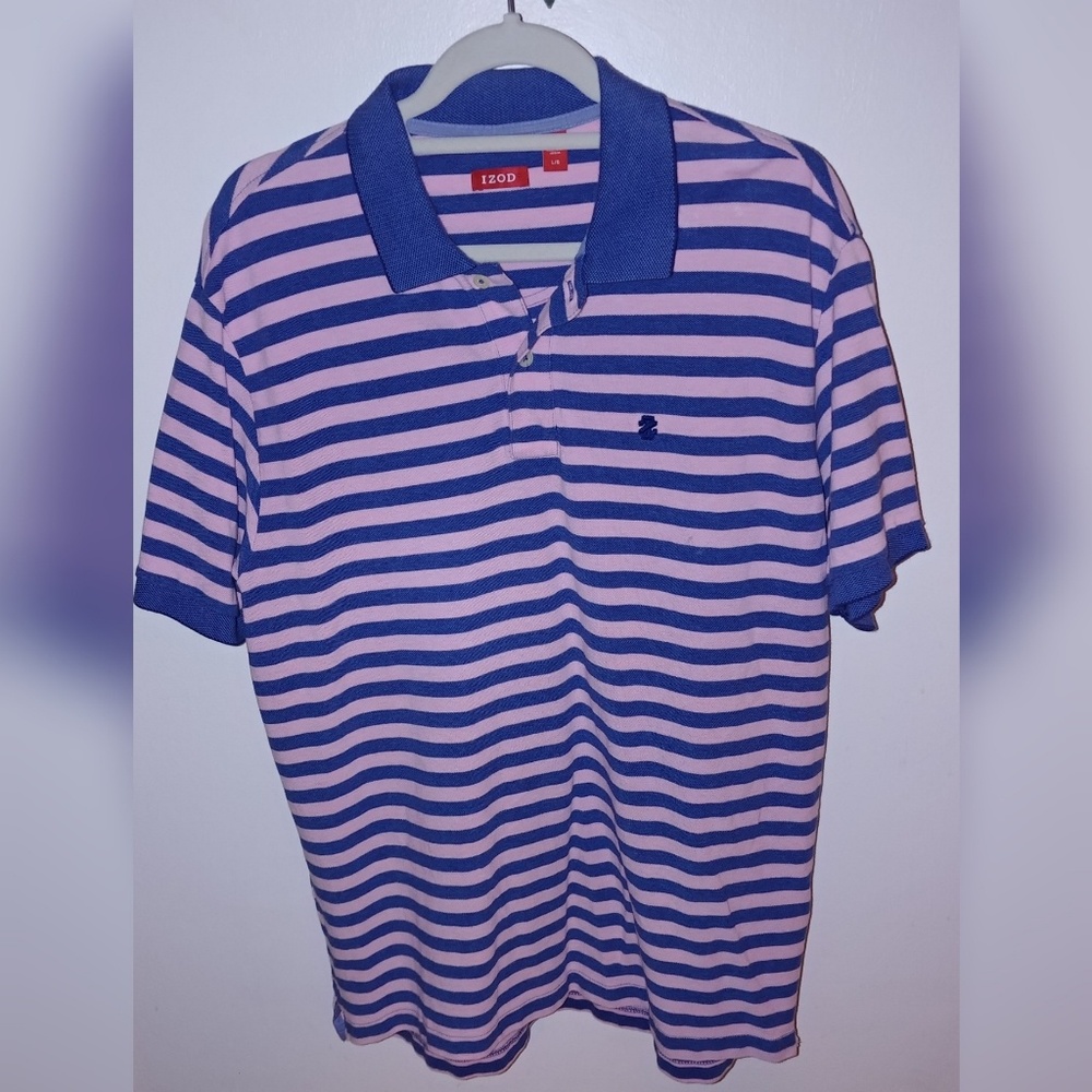 Izod Mens Pink & Blue Striped Polo Shirt Large
